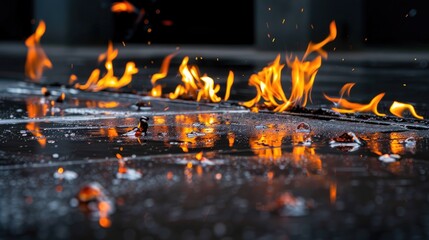 Bright fire bursts create dramatic light on black floor, heat and danger illustrated through reflection