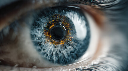 A close-up of a human eye with a digital, futuristic interface overlay, symbolizing technology integration and cybernetic vision.