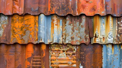 Old metal rooftop with oxidized streaks and worn color, high detail for industrial design backgrounds