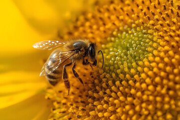 A honeybee collecting pollen from a bright yellow sunflower, with fine details of the bee&rsquo;s wings and legs