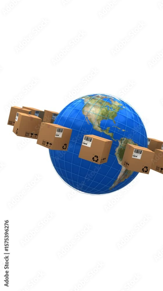 Poster animation of globe and surrounded by cardboard boxes moving on white background