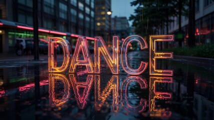 traffic light at night, night city lights, the word DANCE made of glass letters on wet asphalt in the city center