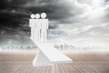 White human resource scales in front of city