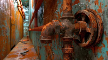 Atmospheric industrial hallway with rusted walls and pipes, aged metal textures evoke decay and grit