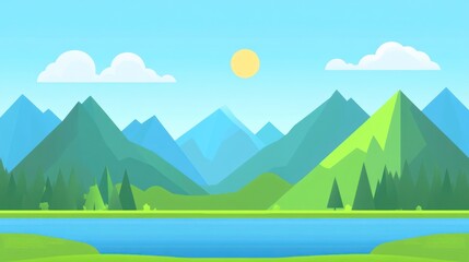 Flat illustration of a serene mountain landscape