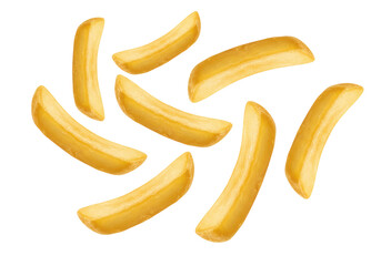 Several perfectly golden-brown, crisp french fries dynamically suspended in mid-air against a transparent background with copy space, captured with high-angle studio lighting and sharp focus, concept