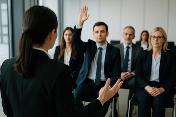 Interactive Business Discussion: A professional, authoritative female figure leads a business presentation.