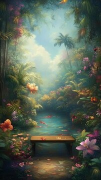Lush jungle scene with a pond, bench, tropical foliage, flowers, and a bird against a blue sky backdrop