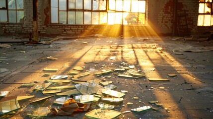 Abandoned warehouse floor littered with vintage glass under golden sun rays from broken window panes