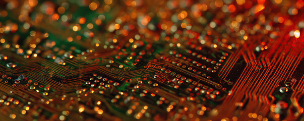 Close-up view of a vibrant circuit board showcasing intricate patterns and connections with glowing lights