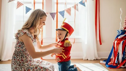 Mother adjusting costume on child near festive window with bunting and red white blue decorations. Bright lighting creates cheerful ambiance - Powered by Adobe