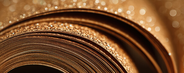 Glistening gold pages create a stunning visual of luxury and elegance in soft focus with sparkling details