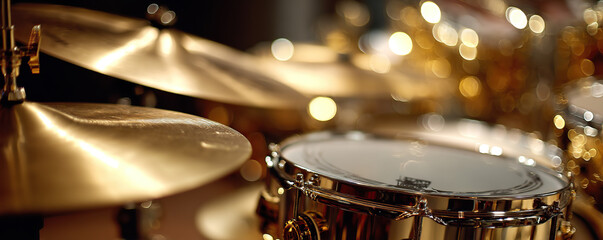 Drum set with shiny cymbals captures the essence of live music performance at a vibrant studio session