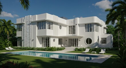 Exterior view of a white art deco house with a swimming pool and palm trees on a sunny day
