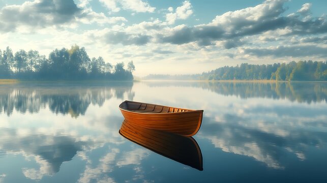 Wooden Rowboat Reflects on Serene Lake Under Cloudy Sky, Trees in Background, Calm Water
