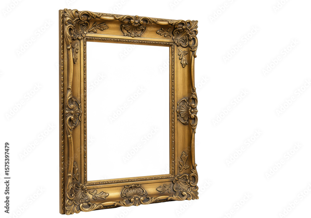 Poster an empty, ornate rectangular picture frame with aged metallic gold, intricate baroque-style filigree