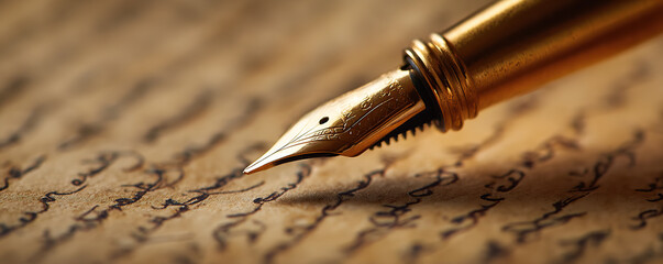 Elegant fountain pen poised above vintage parchment showcasing flowing cursive writing in a classic style
