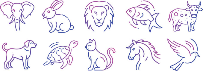 Fototapeta premium Line Art Animal Icons Elephant Rabbit Lion Fish Cow Dog Turtle Cat Horse Bird 