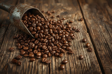 Macro shot of freshly ground coffee beans spilling from a scoop onto a wooden table