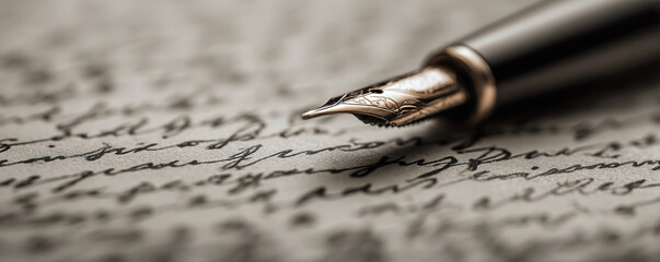 Close-up of a fountain pen poised above elegantly handwritten calligraphy on textured paper during a quiet afternoon