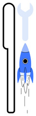 Minimalist rocket blasting off alongside a wrench. Ideal for innovation, progress, startup, technology, repair, engineering, growth. A simple flat metaphor for productivity and solutions