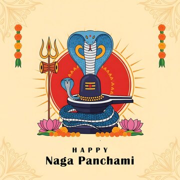 Happy naga panchami festival greeting with lord shiva and serpent deity