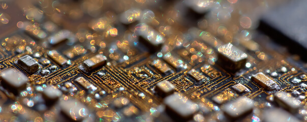 Close-up view of a circuit board with intricate patterns and shimmering components during daylight