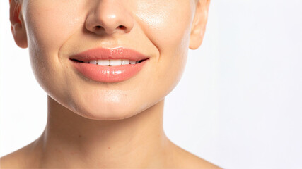 Obraz premium A close-up of a woman's radiant smile, highlighting healthy skin and natural-looking glossy lips. Perfect for beauty, skincare, dental, and wellness campaigns.
