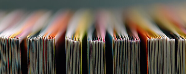 Stacked colorful books arranged neatly on a shelf in a bright room showcasing vibrant pages and textures