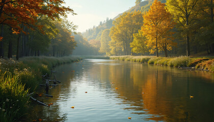 Fototapeta premium River with Autumn Foliage and Reflected Trees