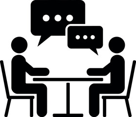 Naklejka premium Two people sitting at a table with speech bubbles above them in a black and white illustration