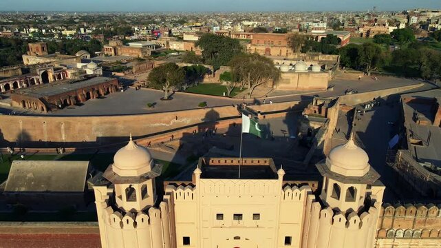 Aerial view of historic fort and domes, Pakistan.