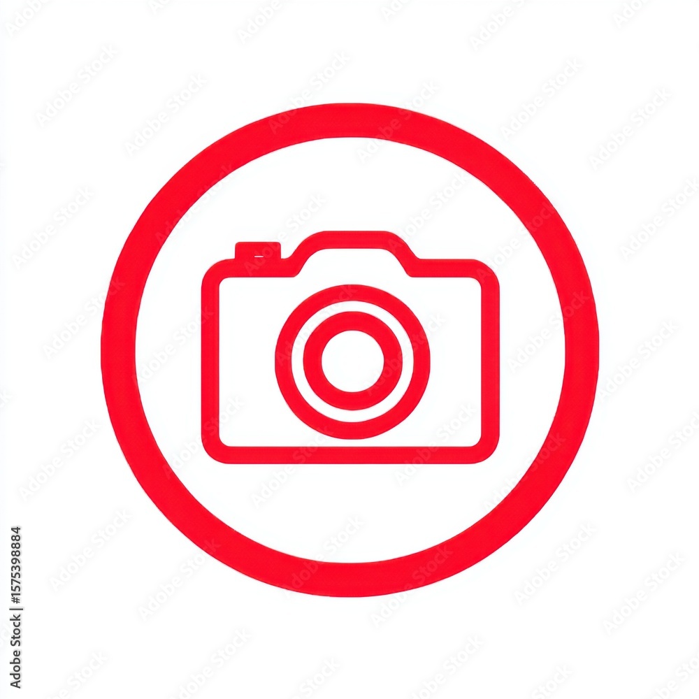 Poster minimalist red circular border with centered camera icon featuring basic shapes, lens, and top flash
