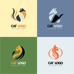 Set of four modern vector cat logos with abstract shapes and colorful backgrounds. Perfect for pet business, veterinary clinics, and cat accessories shops.
