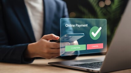 Seamless online payment experience on a mobile device alongside a laptop screen