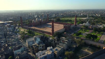 Aerial view of mosque and urban landscape, Pakistan.