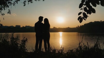 Silhouette Couple Watching Sunset over Water with Romantic Sky, Love Theme