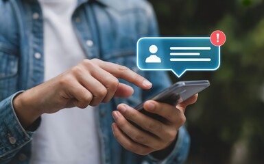 Person checks notifications on smartphone with attention icon alert