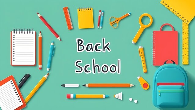 Top-down vector illustration of various school supplies like notebooks, pencils, scissors, and a backpack arranged around the text 'Back to School' on a green background.