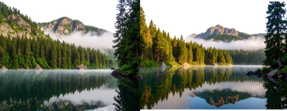  Foggy Mountain Lake Surrounded by Pine Trees and Rocky Cliffs, Isolated on Transparent Background PNG - Powered by Adobe