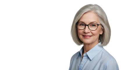 Upper body portrait of a smiling confident senior caucasian woman, 65-75, with grey hair and black-rimmed glasses, wearing a light blue shirt, against a transparent studio background with negative