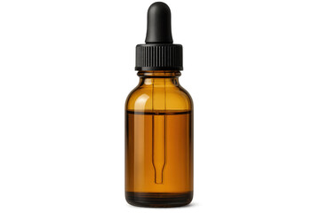 Amber glass dropper bottle holding skincare serum, cosmetic oil against clean white backdrop