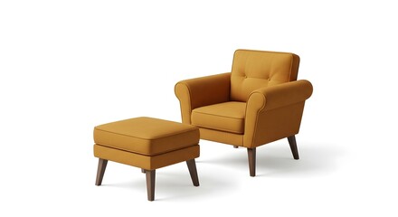 Fototapeta premium Modern Mustard Yellow Armchair and Ottoman Set Isolated White Background
