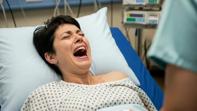 A woman in labor screams in pain at a hospital, highlighting the intense and emotional experience of childbirth with medical assistance