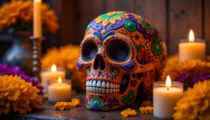 Fototapeta premium Vibrant Sugar Skull Decorated with Flowers and Candles for Dia de los Muertos