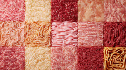 A fractal pattern of carcinogenic warning labels crafted from processed meat textures, forming an infinite loop.