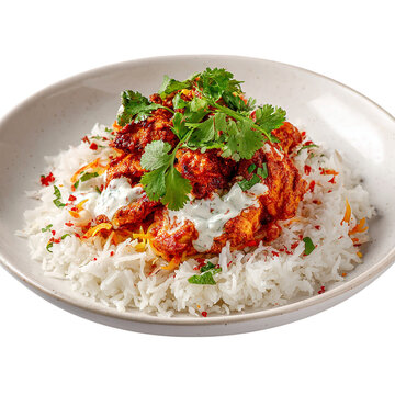 Chicken Tikka Masalar orr rice white on a plate on transparent background