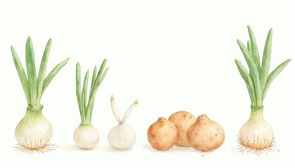 Illustration of various stages of onion and potato growth.