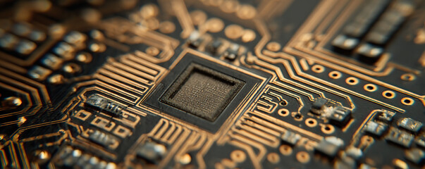 Close-up view of a complex microchip on a circuit board with intricate electronic pathways and connections