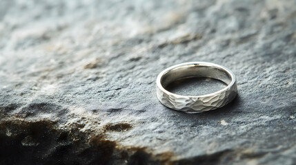 Elegant silver ring featuring floral engravings and sparkling gemstones set against a rustic stone surface captured in a detailed and timeless composition

